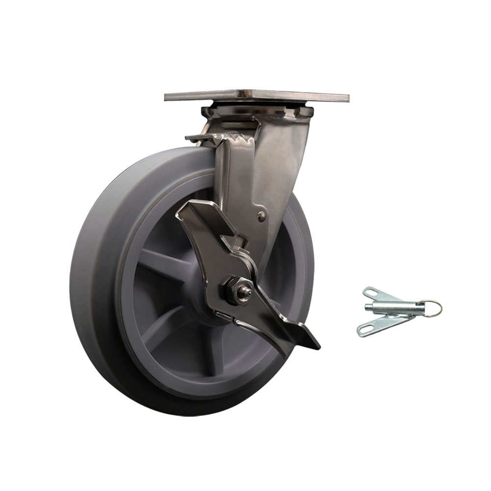 316 Stainless Steel Heavy Duty Swivel Top Plate Caster with Top Lock Brake and Bolt on Swivel Lock and 8 Inch Thermoplastic Rubber Flat Tread Wheel with Ball Bearings - Service Caster Brand — photo 1
