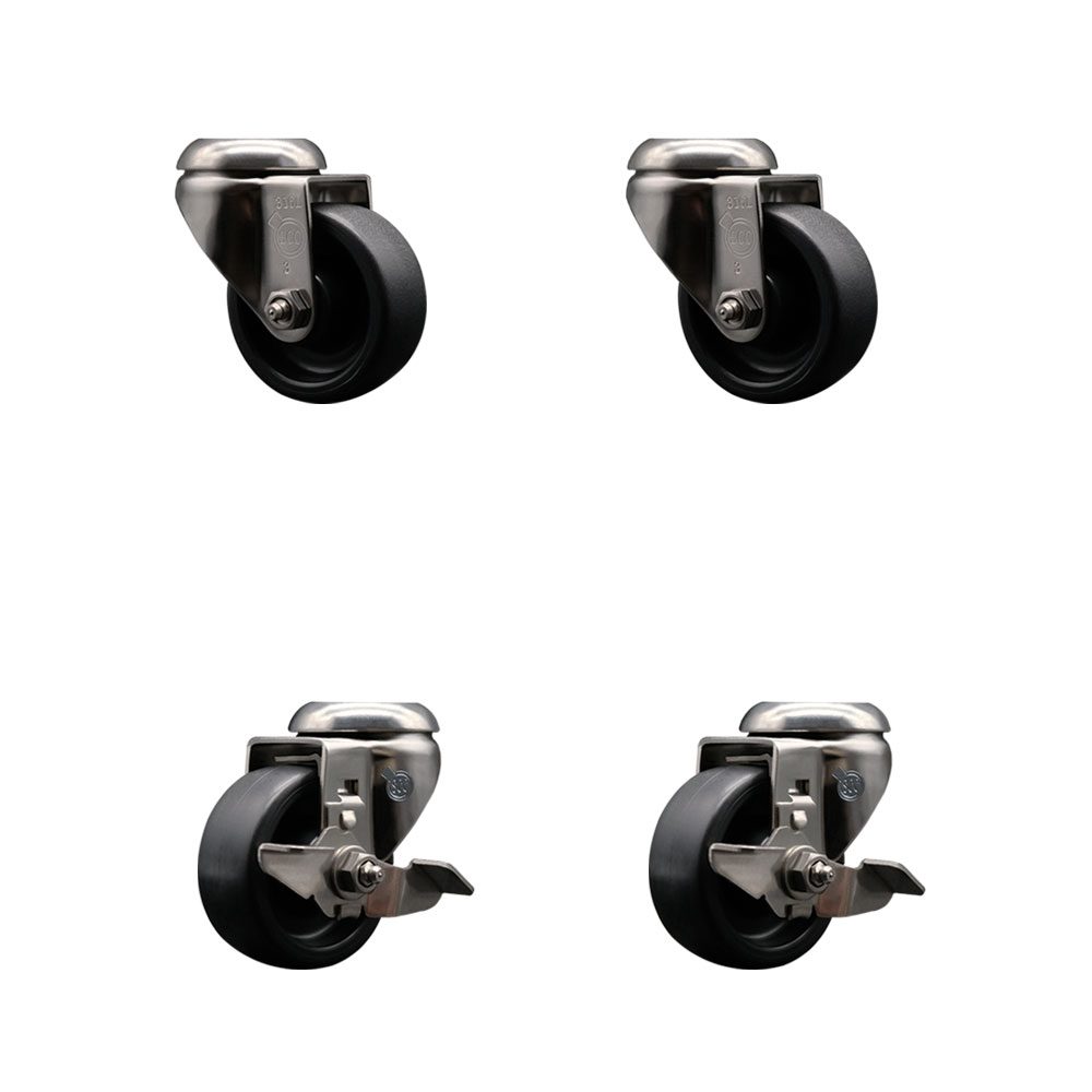 Polyolefin Swivel Bolt Hole Caster Wheels Set of 4 with 3 Inch Black Caster Wheels - 316 Stainless Steel Casters - Includes 2 Swivel with Top Lock Brakes and 2 Swivel - Service Caster Brand — photo 1