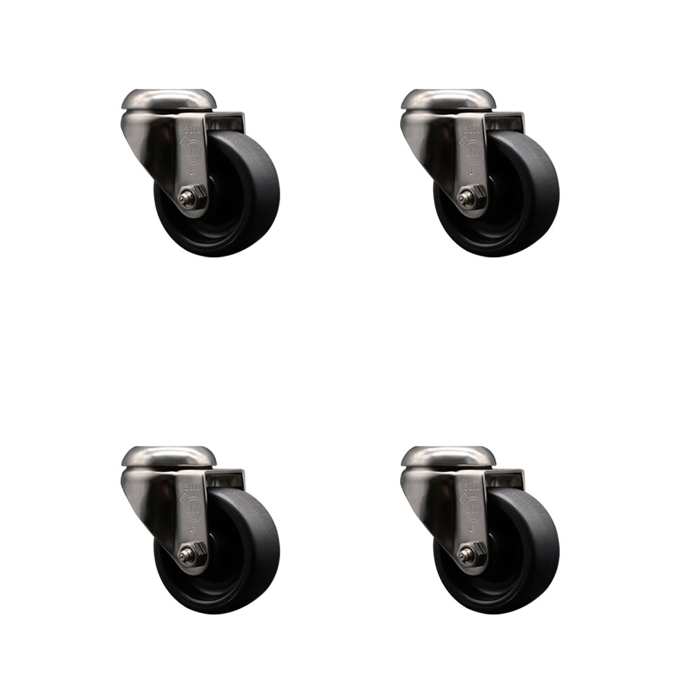 Polyolefin Swivel Bolt Hole Caster Wheels Set of 4 with 3 Inch Black Caster Wheels - 316 Stainless Steel Casters - Includes 4 Swivel Casters - 1,200 lbs. Total Capacity - Service Caster Brand — photo 1