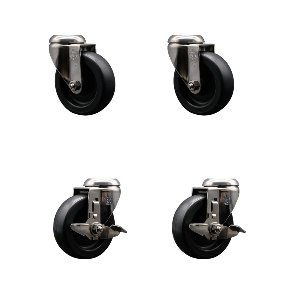 Polyolefin Swivel Bolt Hole Caster Wheels Set of 4 with 4 Inch Black Caster Wheels - 316 Stainless Steel Casters - Includes 2 Swivel with Top Lock Brakes and 2 Swivel - Service Caster Brand — photo 1