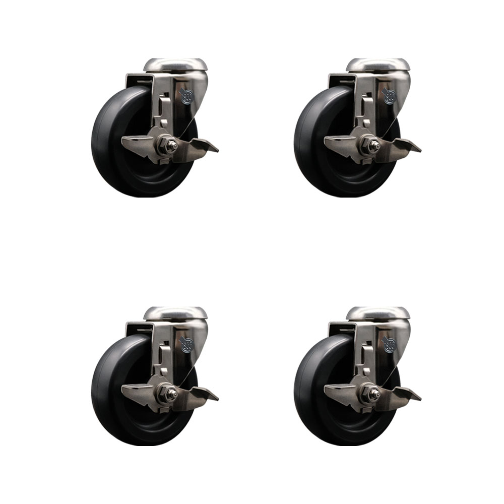Polyolefin Swivel Bolt Hole Caster Wheels Set of 4 with 4 Inch Black Caster Wheel-316 Stainless Steel Caster-Includes 4 Swivel Casters with Top Lock Brake-1,400lbs. Total Capacity-Service Caster Brand — photo 1