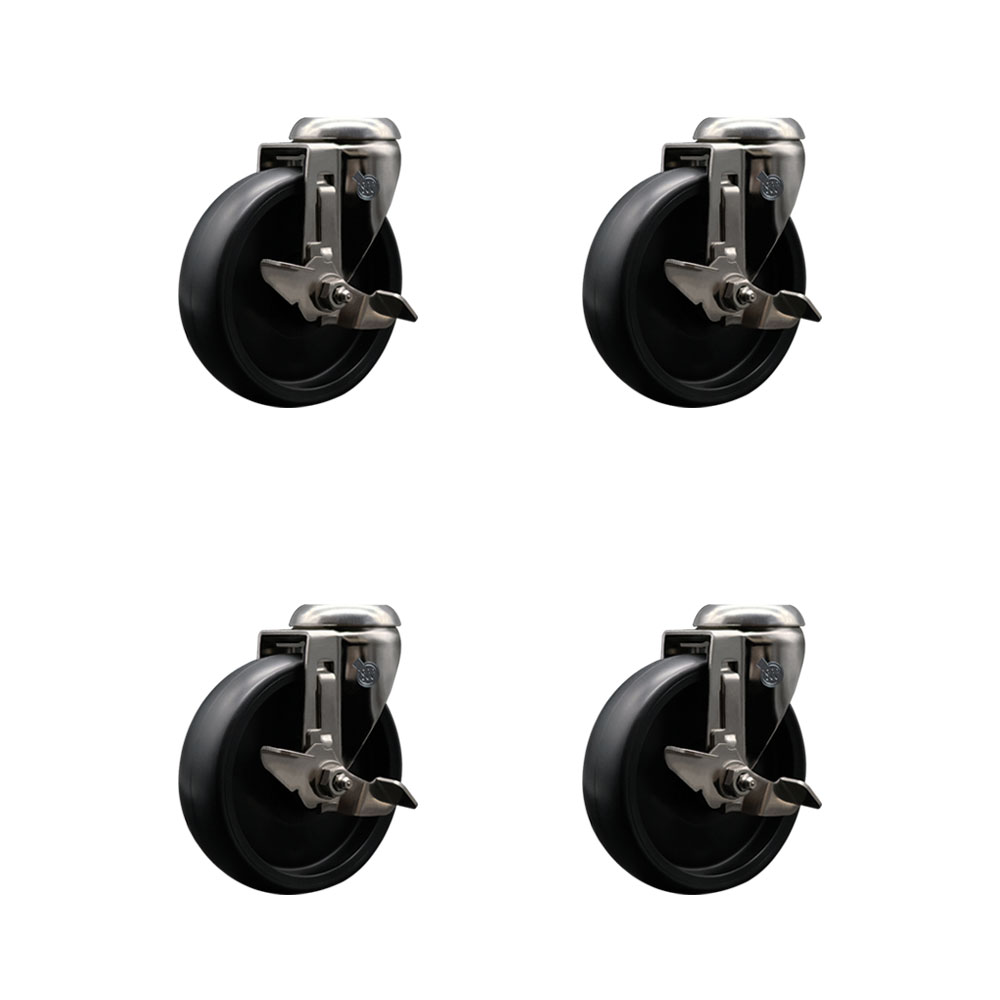 Polyolefin Swivel Bolt Hole Caster Wheels Set of 4 with 5 Inch Black Caster Wheel-316 Stainless Steel Caster-Includes 4 Swivel Casters with Top Lock Brake-1,400lbs. Total Capacity-Service Caster Brand — photo 1