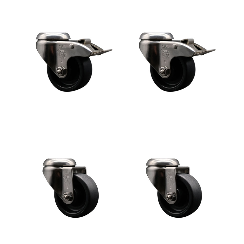Polyolefin Swivel Bolt Hole Caster Wheels Set of 4 with 3 Inch Black Caster Wheels - 316 Stainless Steel Casters - Includes 2 Swivel with Total Lock Brakes and 2 Swivel - Service Caster Brand — photo 1