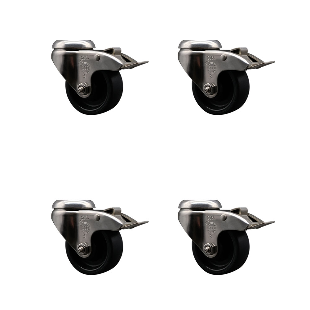 Polyolefin Swivel Bolt Hole Caster Wheels Set of 4 w/3 Inch Black Caster Wheel-316 Stainless Steel Casters-Includes 4 Swivel Casters with Total Lock Brake-1,200lbs. Total Capacity-Service Caster Brand — photo 1