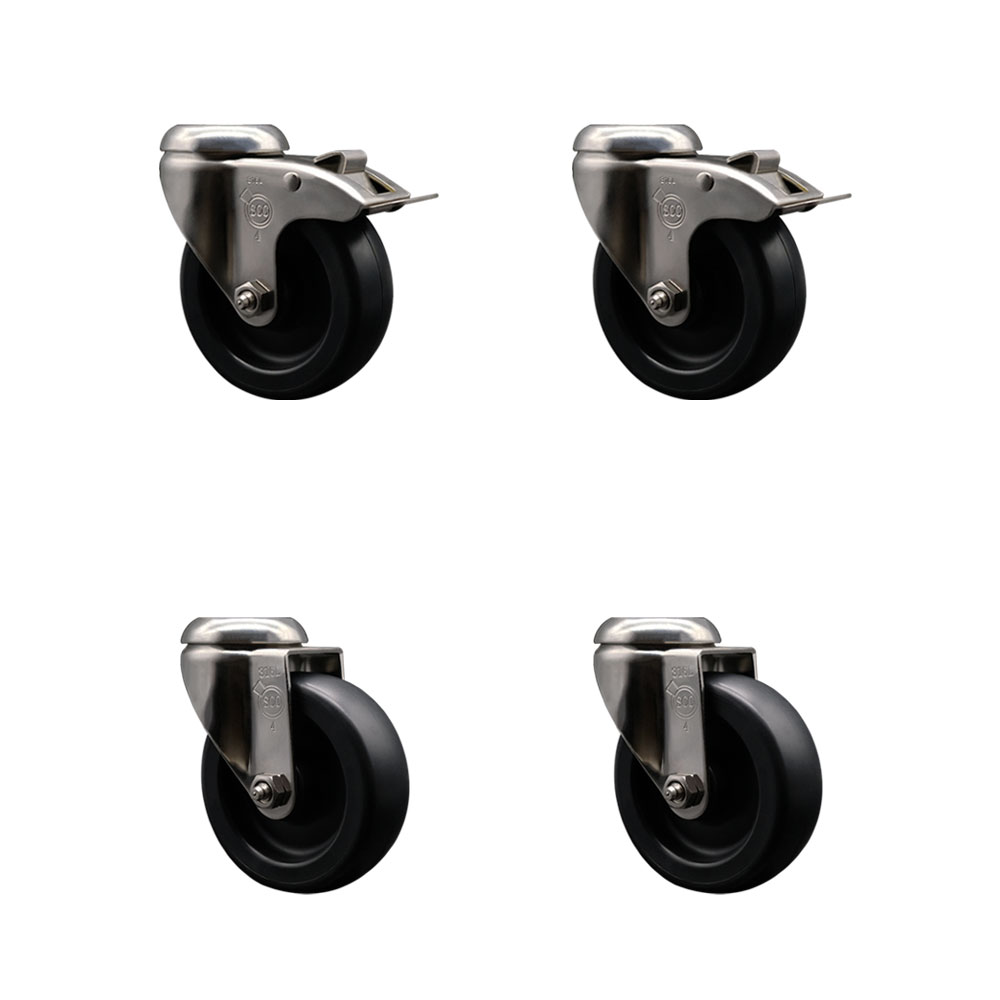 Polyolefin Swivel Bolt Hole Caster Wheels Set of 4 with 4 Inch Black Caster Wheels - 316 Stainless Steel Casters - Includes 2 Swivel with Total Lock Brakes and 2 Swivel - Service Caster Brand — photo 1