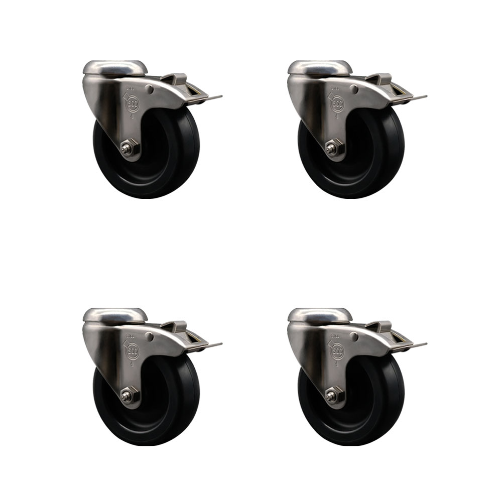 Polyolefin Swivel Bolt Hole Caster Wheels Set of 4 with 4 Inch Black Caster Wheel-316 Stainless Steel Caster-Includes 4 Swivel Casters w/Total Lock Brake-1,400lbs. Total Capacity- Service Caster Brand — photo 1