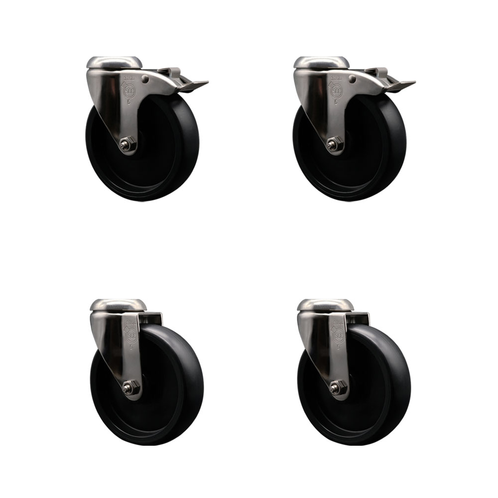 Polyolefin Swivel Bolt Hole Caster Wheels Set of 4 with 5 Inch Black Caster Wheels - 316 Stainless Steel Casters - Includes 2 Swivel with Top Lock Brakes and 2 Swivel - Service Caster Brand — photo 1