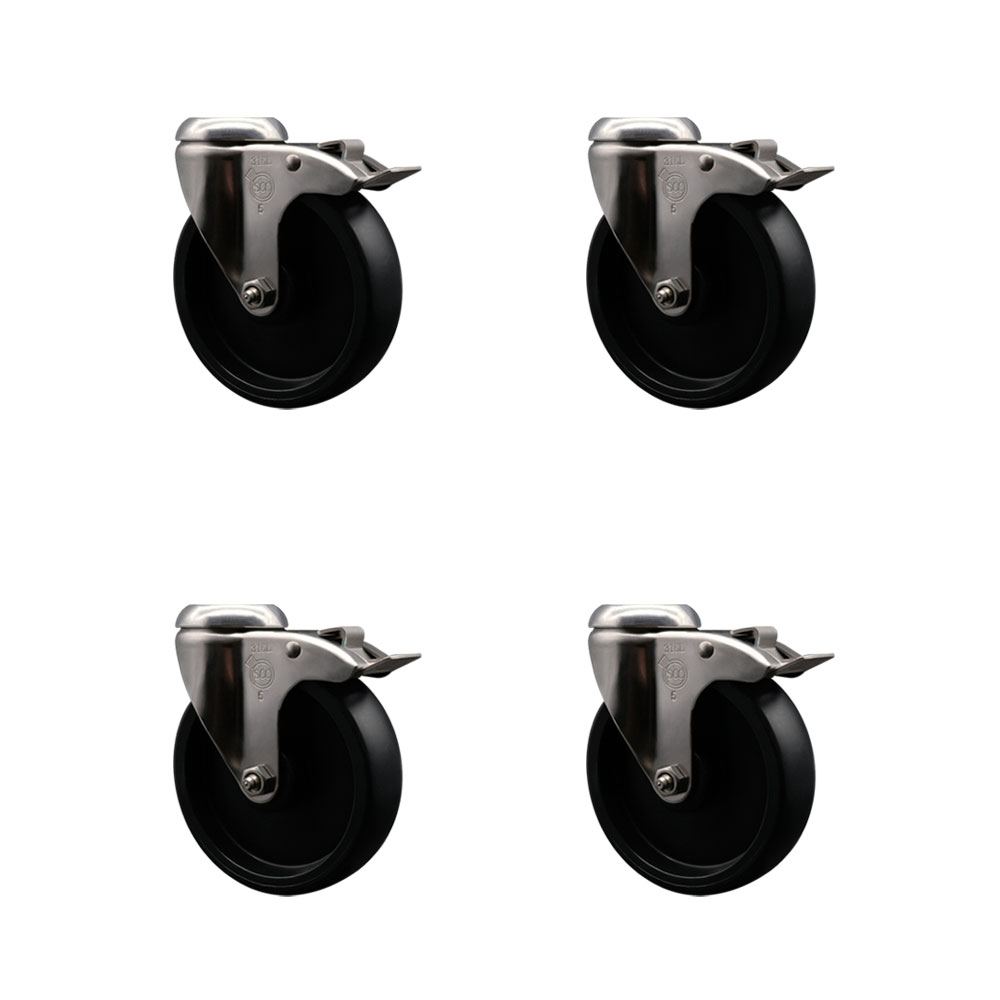 Polyolefin Swivel Bolt Hole Caster Wheels Set of 4 with 5 Inch Black Caster Wheels-316 Stainless Steel Caster-Includes 4 Swivel Casters w/Total Lock Brake-1,400lbs. Total Capacity-Service Caster Brand — photo 1
