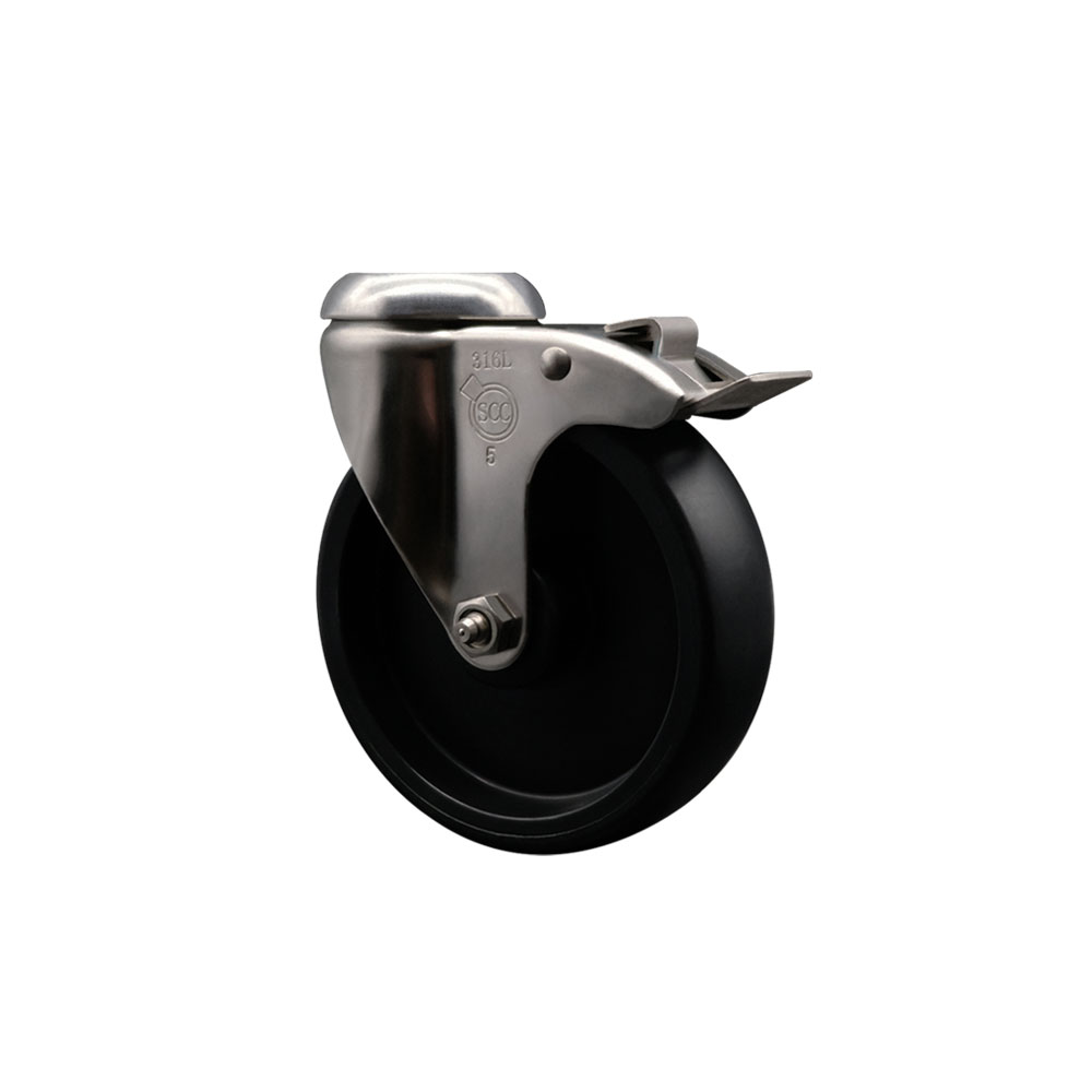 Polyolefin Swivel Bolt Hole Caster Wheel with 5 Inch Black Caster Wheel and Total Lock Brake - 316 Stainless Steel Caster - 350 lbs. Capacity Per Caster - Service Caster Brand — photo 1