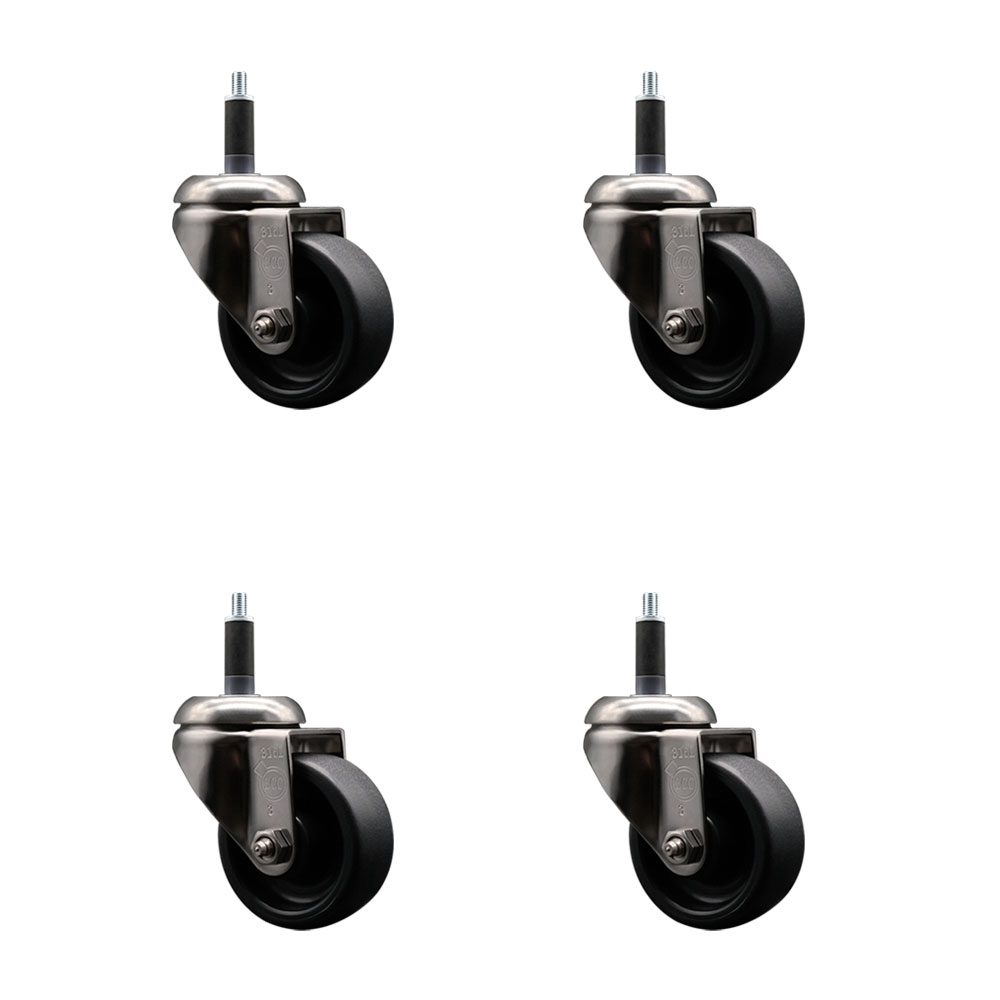 Polyolefin Swivel Stem Caster Wheels Set of 4 with 3 Inch Black Wheels - 1" Expanding Stems - 316 Stainless Steel Casters - Includes 4 Swivel Casters - Service Caster Brand — photo 1