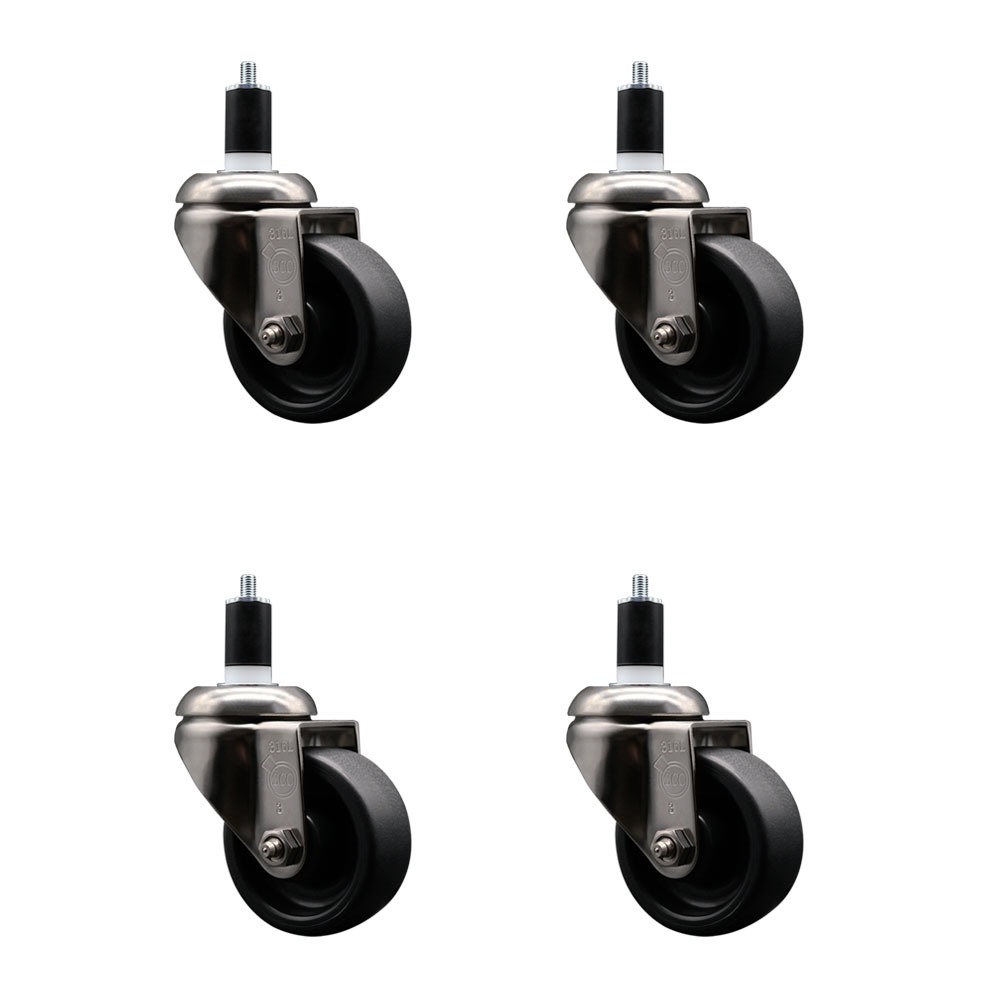 Polyolefin Swivel Stem Caster Wheels Set of 4 with 3 Inch Black Wheels - 1-1/2" Expanding Stems - 316 Stainless Steel Casters - Includes 4 Swivel Casters - Service Caster Brand — photo 1