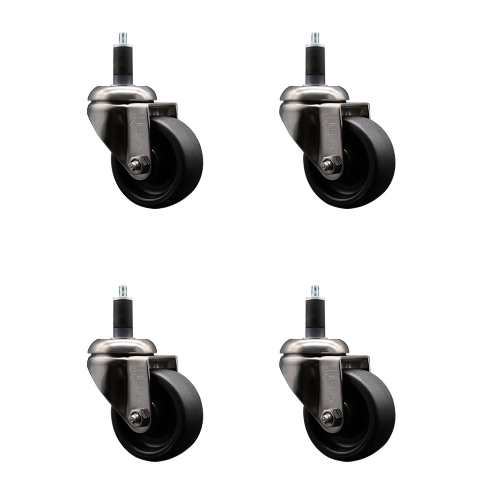 Polyolefin Swivel Stem Caster Wheels Set of 4 with 3 Inch Black Wheels - 1-1/4" Expanding Stems - 316 Stainless Steel Casters - Includes 4 Swivel Casters - Service Caster Brand — photo 1