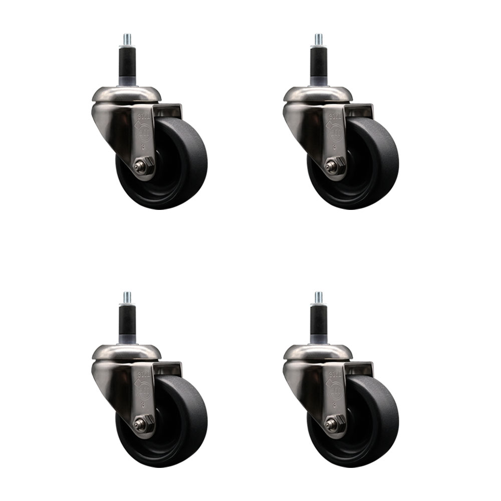 Polyolefin Swivel Stem Caster Wheels Set of 4 with 3 Inch Black Wheels - 1-1/8" Expanding Stems - 316 Stainless Steel Casters - Includes 4 Swivel Casters - Service Caster Brand — photo 1
