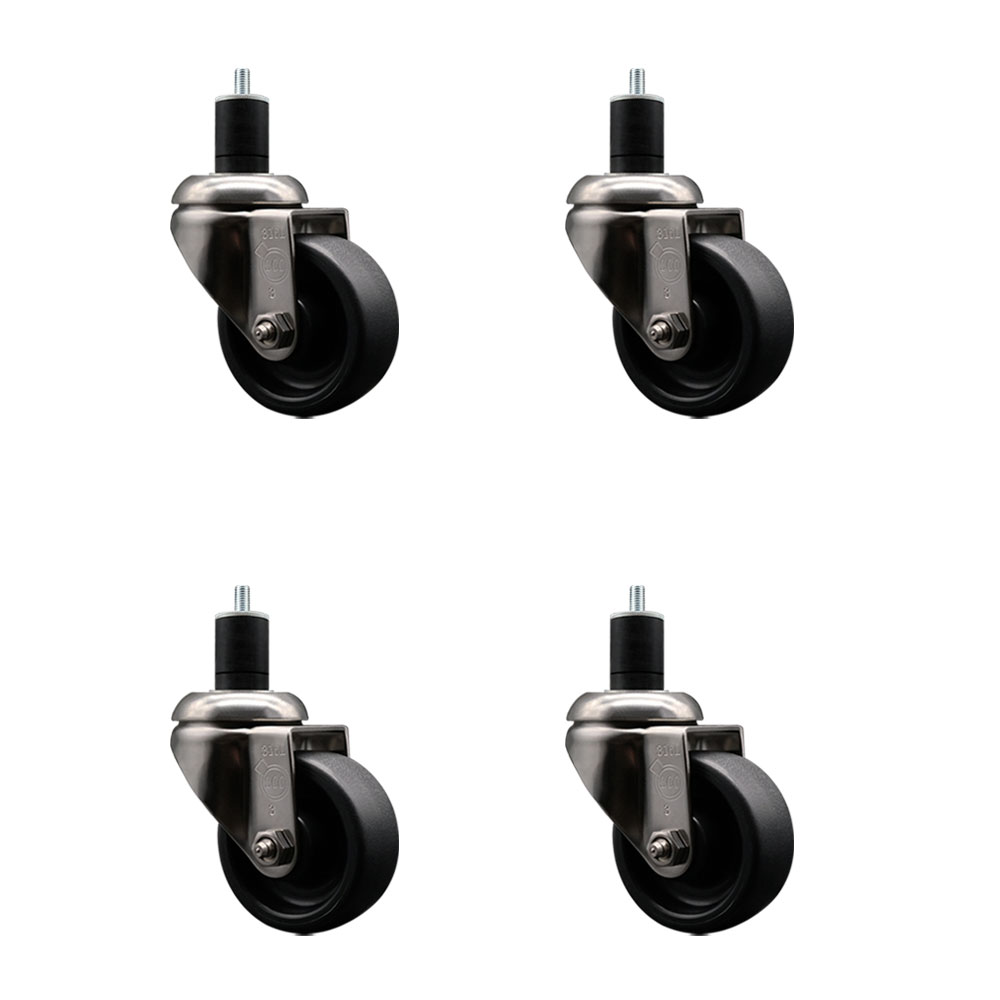 Polyolefin Swivel Stem Caster Wheels Set of 4 with 3 Inch Black Wheels - 1-3/4" Expanding Stems - 316 Stainless Steel Casters - Includes 4 Swivel Casters - Service Caster Brand — photo 1