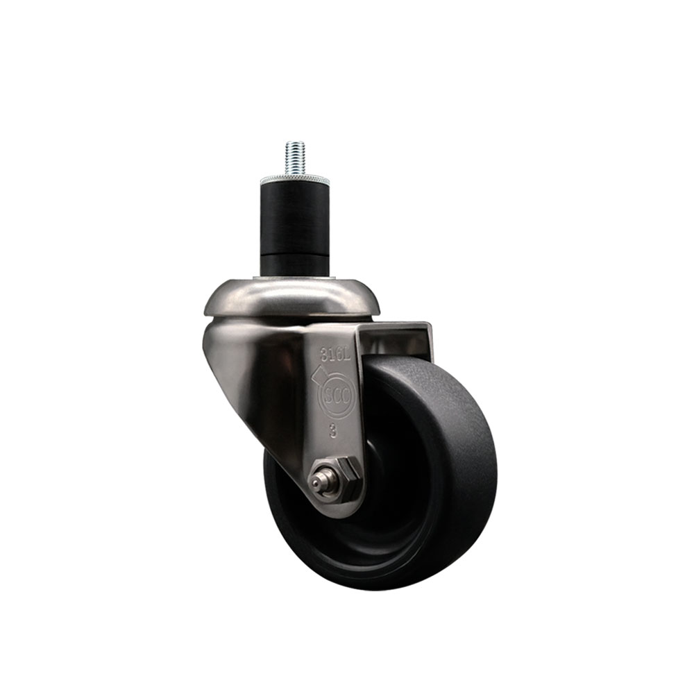 Polyolefin Swivel Stem Caster Wheel with 3 Inch Black Wheel - 1-3/4" Expanding Stem - 316 Stainless Steel Caster - 300 lbs. Capacity Per Caster - Service Caster Brand — photo 1