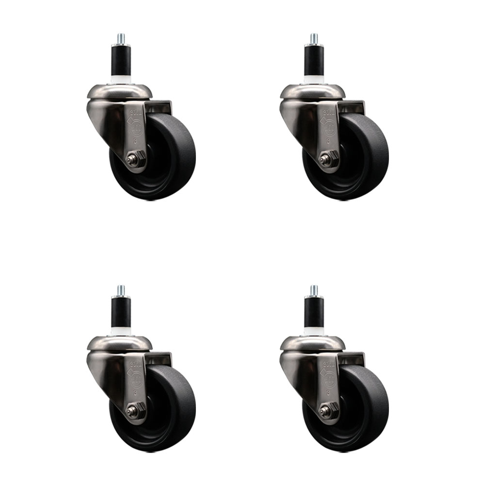 Polyolefin Swivel Stem Caster Wheels Set of 4 with 3 Inch Black Wheels - 1-3/8" Expanding Stems - 316 Stainless Steel Casters - Includes 4 Swivel Casters - Service Caster Brand — photo 1