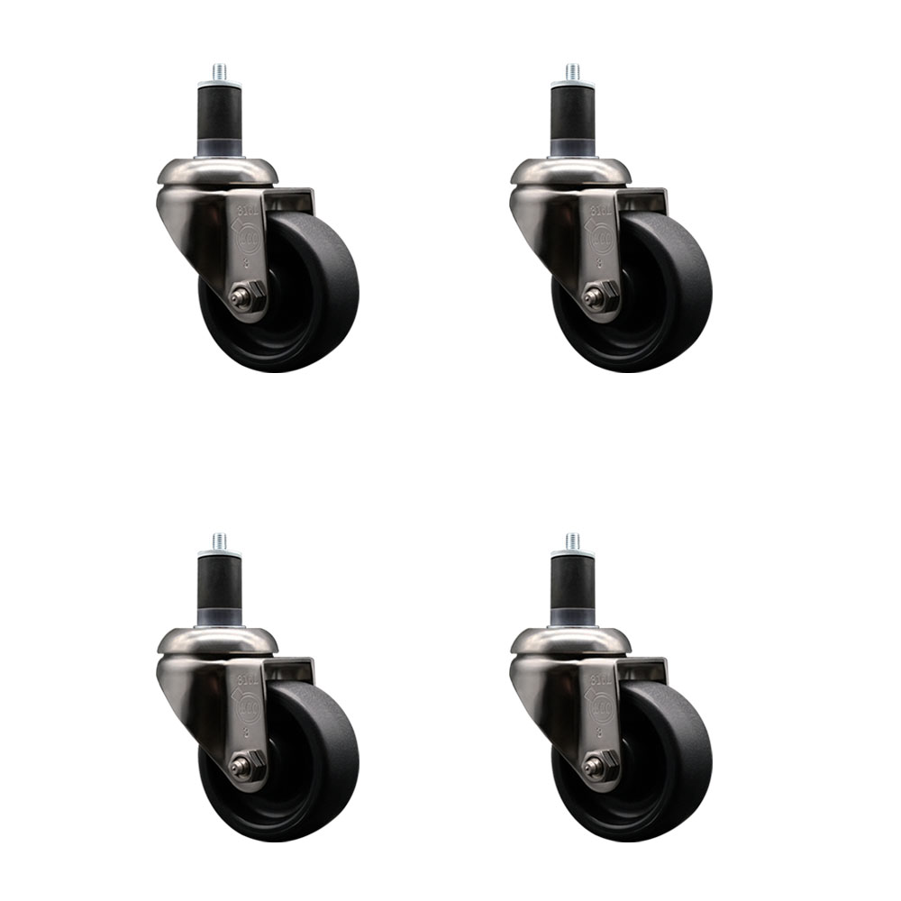 Polyolefin Swivel Stem Caster Wheels Set of 4 with 3 Inch Black Wheels - 1-5/8" Expanding Stems - 316 Stainless Steel Casters - Includes 4 Swivel Casters - Service Caster Brand — photo 1