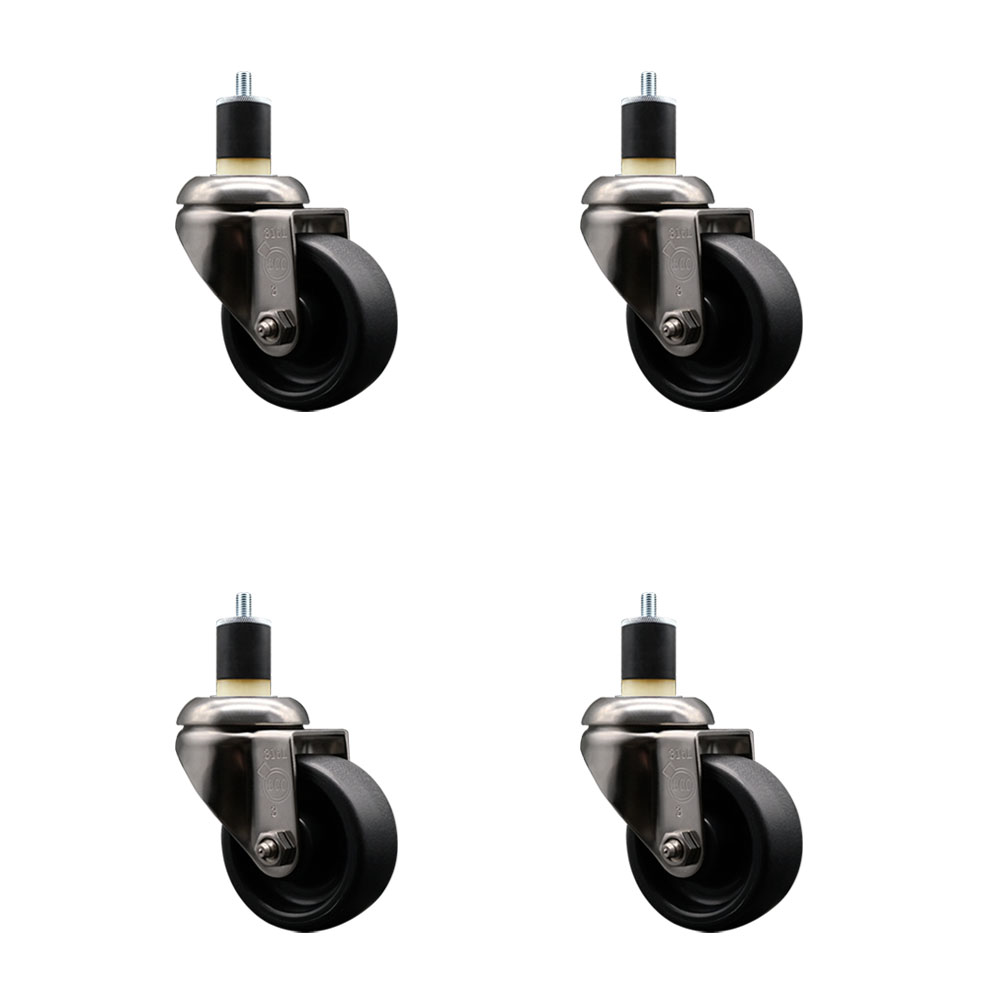 Polyolefin Swivel Stem Caster Wheels Set of 4 with 3 Inch Black Wheels - 1-7/8" Expanding Stems - 316 Stainless Steel Casters - Includes 4 Swivel Casters - Service Caster Brand — photo 1