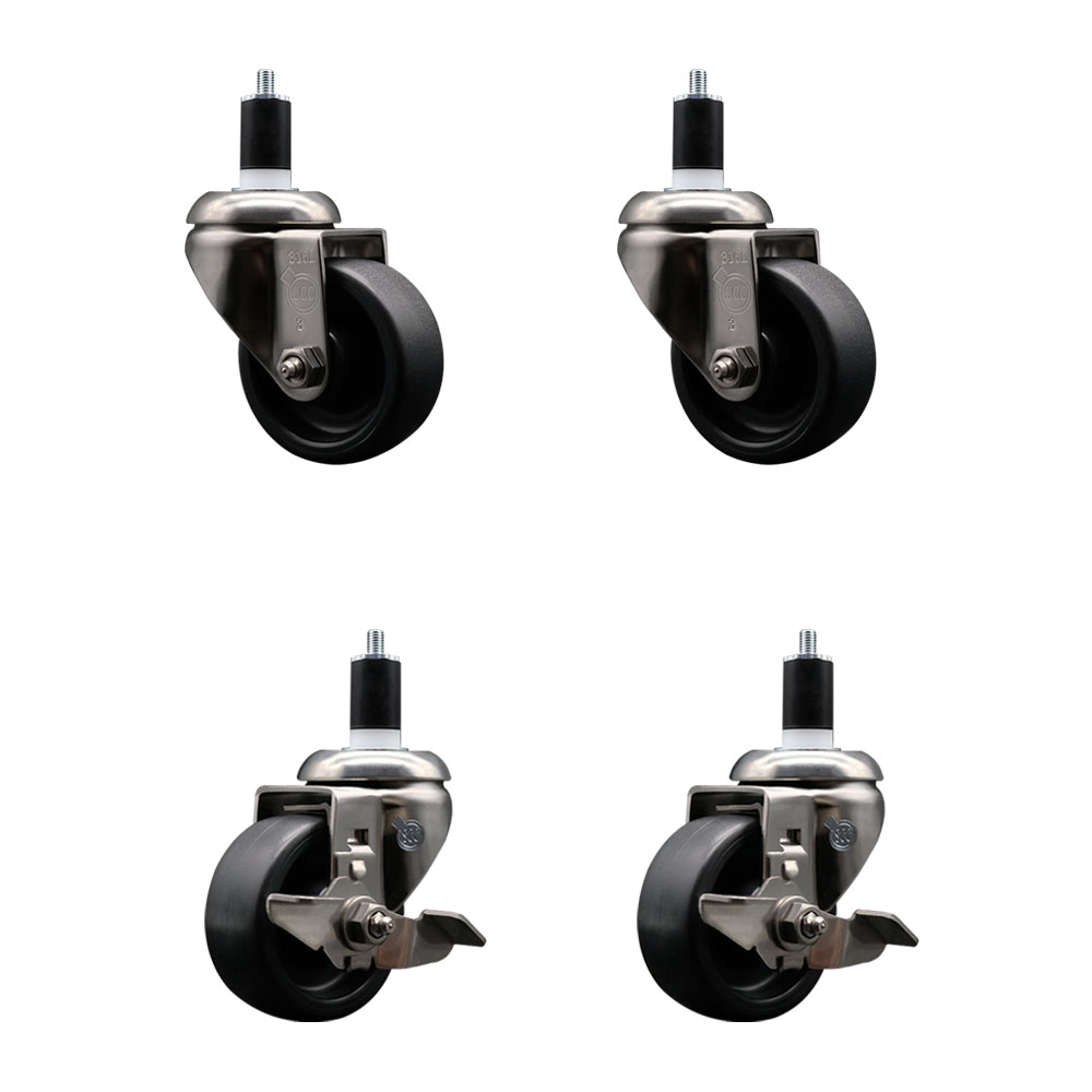 Polyolefin Swivel Stem Caster Wheels Set of 4 with 3 Inch Black Wheels - 1-1/2" Expanding Stems - 316 Stainless Steel Casters-Includes 2 Swivel with Top Lock Brakes and 2 Swivel - Service Caster Brand — photo 1