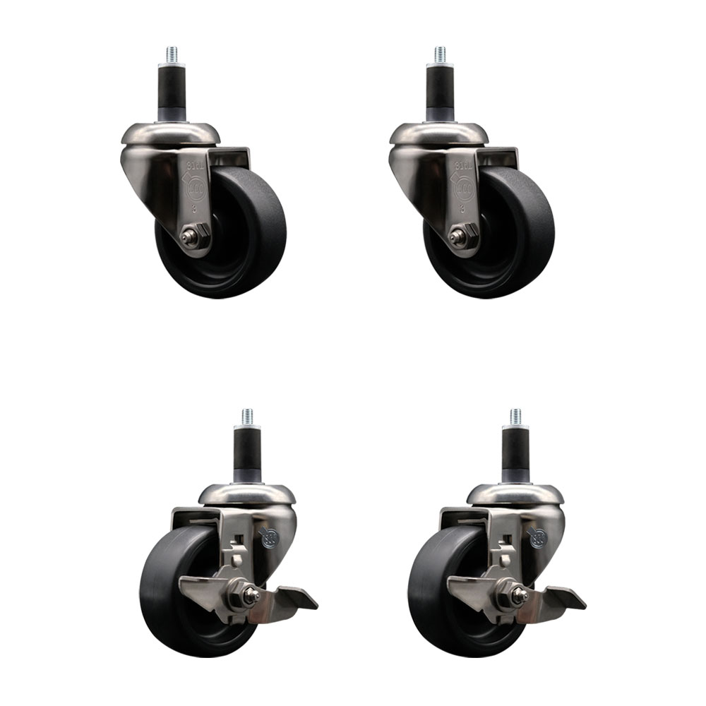 Polyolefin Swivel Stem Caster Wheels Set of 4 with 3 Inch Black Wheels - 1-1/4" Expanding Stems - 316 Stainless Steel Casters-Includes 2 Swivel with Top Lock Brakes and 2 Swivel - Service Caster Brand — photo 1