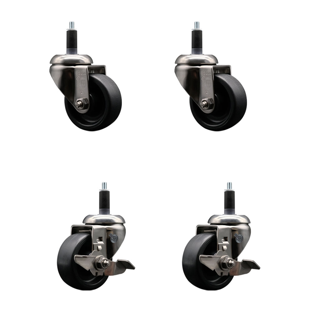 Polyolefin Swivel Stem Caster Wheels Set of 4 with 3 Inch Black Wheels - 1-1/8" Expanding Stems - 316 Stainless Steel Casters-Includes 2 Swivel with Top Lock Brakes and 2 Swivel - Service Caster Brand — photo 1