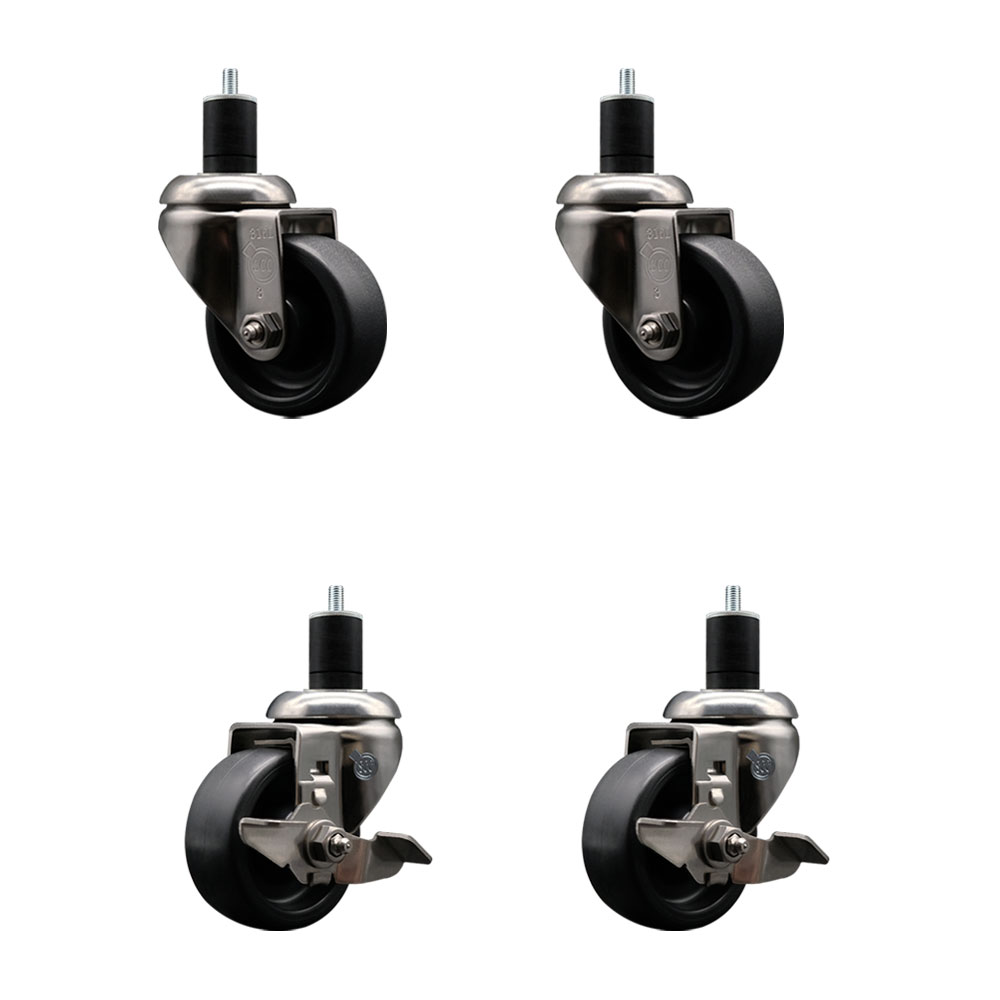 Polyolefin Swivel Stem Caster Wheels Set of 4 with 3 Inch Black Wheels - 1-3/4" Expanding Stems - 316 Stainless Steel Casters-Includes 2 Swivel with Top Lock Brakes and 2 Swivel - Service Caster Brand — photo 1