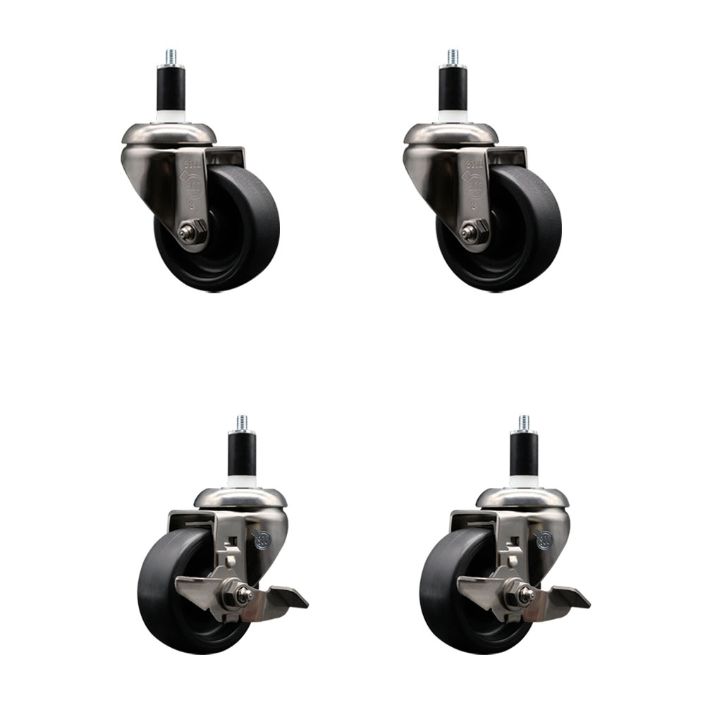 Polyolefin Swivel Stem Caster Wheels Set of 4 with 3 Inch Black Wheels - 1-3/8" Expanding Stems - 316 Stainless Steel Casters-Includes 2 Swivel with Top Lock Brakes and 2 Swivel - Service Caster Brand — photo 1