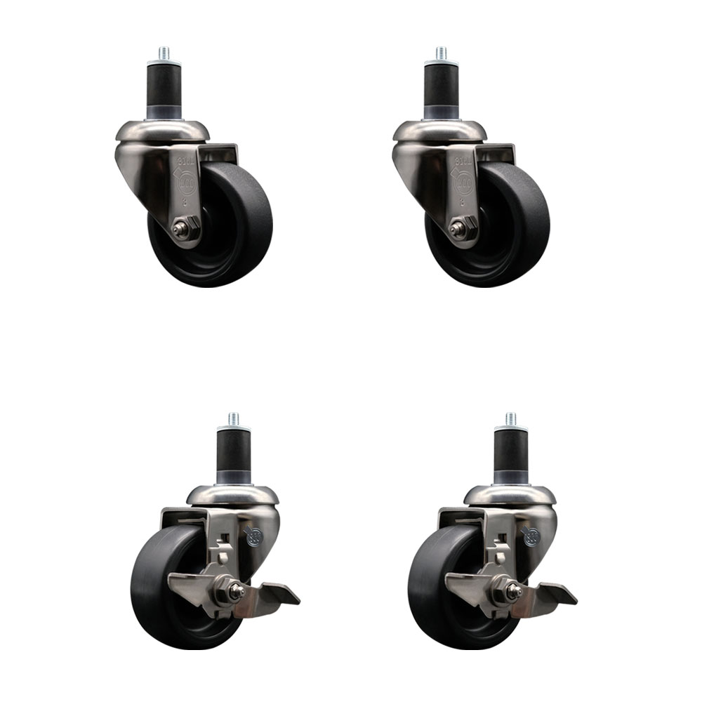 Polyolefin Swivel Stem Caster Wheels Set of 4 with 3 Inch Black Wheels - 1-5/8" Expanding Stems - 316 Stainless Steel Casters-Includes 2 Swivel with Top Lock Brakes and 2 Swivel - Service Caster Brand — photo 1