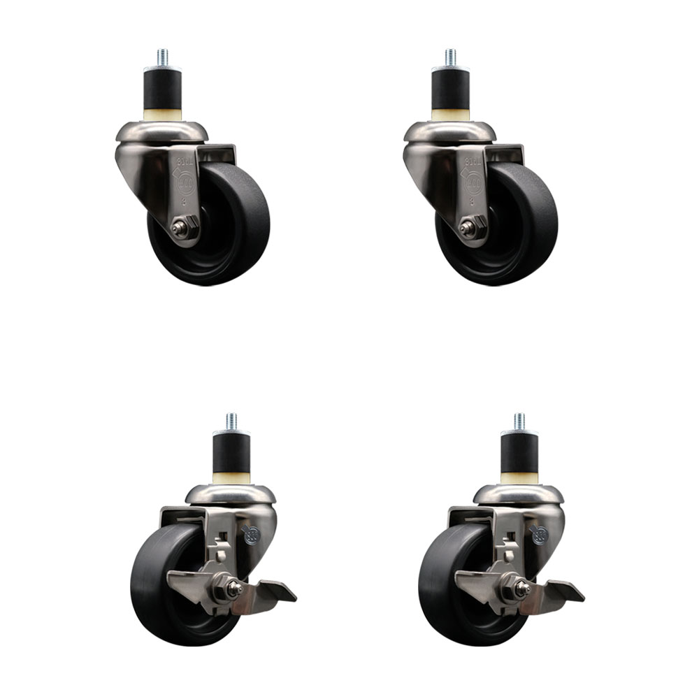 Polyolefin Swivel Stem Caster Wheels Set of 4 with 3 Inch Black Wheels - 1-7/8" Expanding Stems - 316 Stainless Steel Casters-Includes 2 Swivel with Top Lock Brakes and 2 Swivel - Service Caster Brand — photo 1