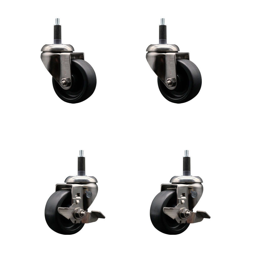Polyolefin Swivel Stem Caster Wheels Set of 4 with 3 Inch Black Wheels - 1" Expanding Stems - 316 Stainless Steel Casters-Includes 2 Swivel with Top Lock Brakes and 2 Swivel - Service Caster Brand — photo 1