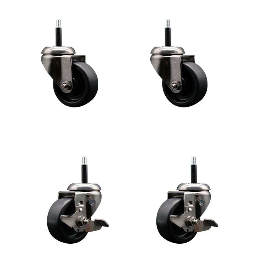 Polyolefin Swivel Stem Caster Wheels Set of 4 with 3 Inch Black Wheels - 3/4" Expanding Stems - 316 Stainless Steel Casters-Includes 2 Swivel with Top Lock Brakes and 2 Swivel - Service Caster Brand — photo 1