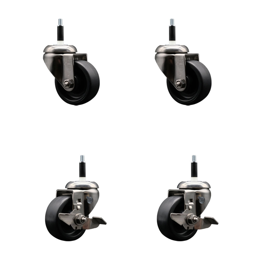Polyolefin Swivel Stem Caster Wheels Set of 4 with 3 Inch Black Wheels - 7/8" Expanding Stems - 316 Stainless Steel Casters-Includes 2 Swivel with Top Lock Brakes and 2 Swivel - Service Caster Brand — photo 1