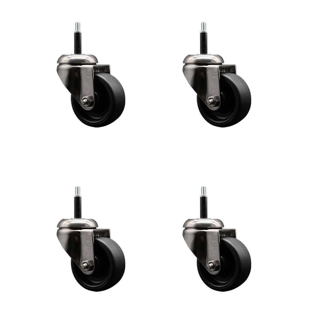 Polyolefin Swivel Stem Caster Wheels Set of 4 with 3 Inch Black Wheels - 3/4" Expanding Stems - 316 Stainless Steel Casters - Includes 4 Swivel Casters - Service Caster Brand — photo 1