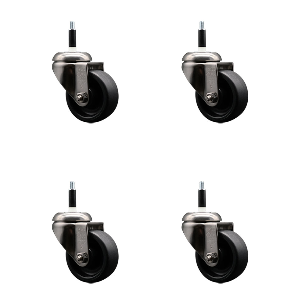 Polyolefin Swivel Stem Caster Wheels Set of 4 with 3 Inch Black Wheels - 7/8" Expanding Stems - 316 Stainless Steel Casters - Includes 4 Swivel Casters - Service Caster Brand — photo 1