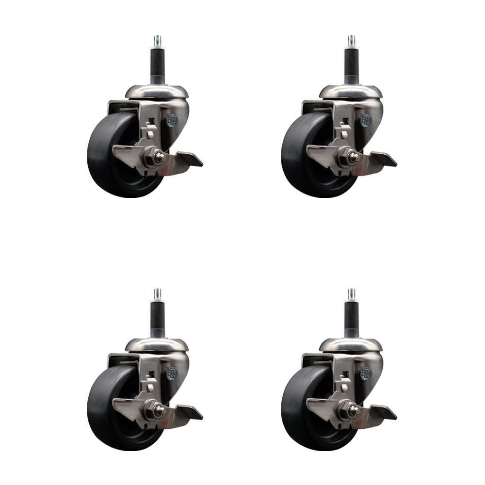 Polyolefin Swivel Stem Caster Wheels Set of 4 with 3 Inch Black Wheels - 1" Expanding Stems - 316 Stainless Steel Casters - Includes 4 Swivel Casters with Top Lock Brakes - Service Caster Brand — photo 1