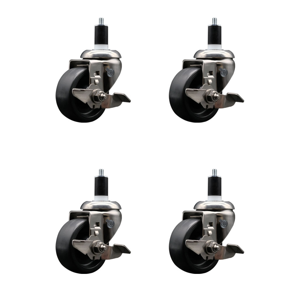 Polyolefin Swivel Stem Caster Wheels Set of 4 with 3 Inch Black Wheels - 1-1/2" Expanding Stems - 316 Stainless Steel Casters - Includes 4 Swivel Casters with Top Lock Brakes - Service Caster Brand — photo 1