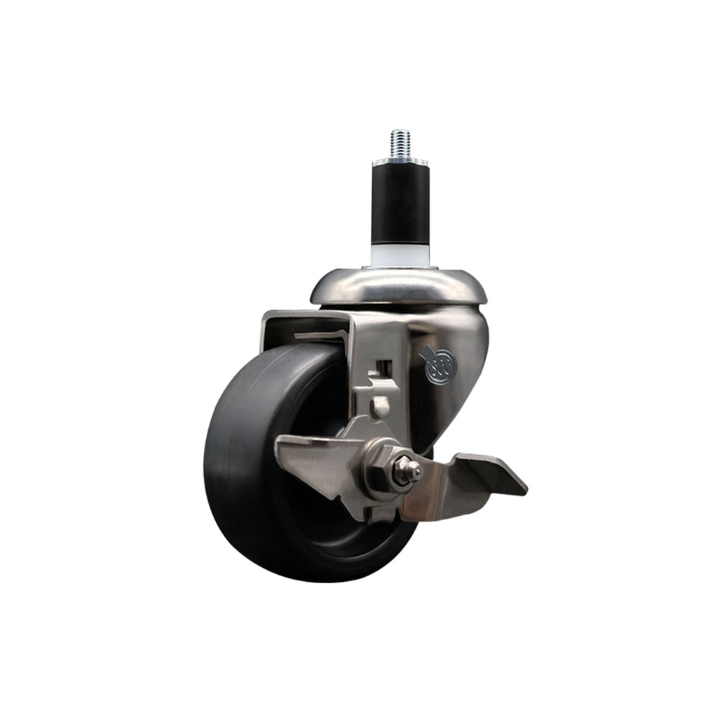 Polyolefin Swivel Stem Caster Wheel with 3 Inch Black Wheel and Top Lock Brake - 1-1/2" Expanding Stem - 316 Stainless Steel Caster - 300 lbs. Capacity Per Caster - Service Caster Brand — photo 1