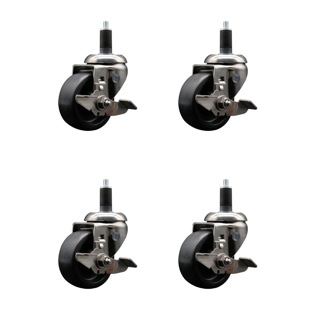 Polyolefin Swivel Stem Caster Wheels Set of 4 with 3 Inch Black Wheels - 1-1/4" Expanding Stems - 316 Stainless Steel Casters - Includes 4 Swivel Casters with Top Lock Brakes - Service Caster Brand — photo 1