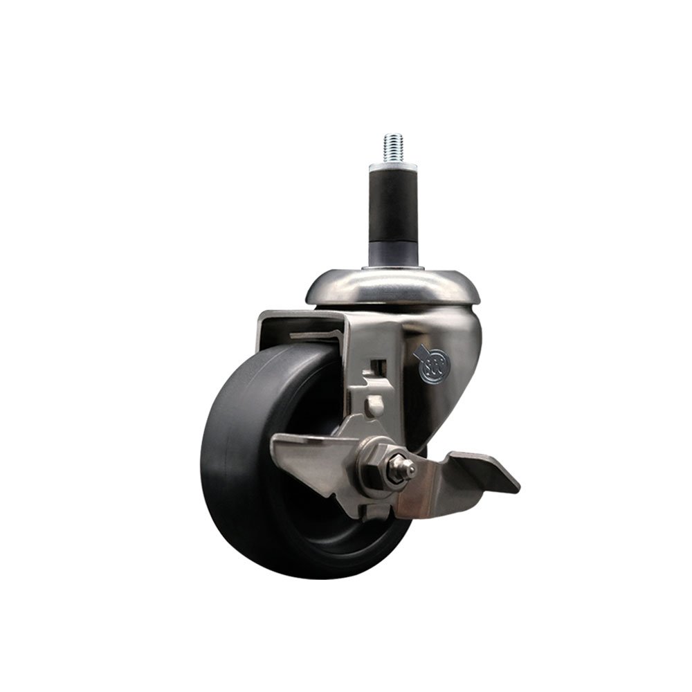 Polyolefin Swivel Stem Caster Wheel with 3 Inch Black Wheel and Top Lock Brake - 1-1/4" Expanding Stem - 316 Stainless Steel Caster - 300 lbs. Capacity Per Caster - Service Caster Brand — photo 1