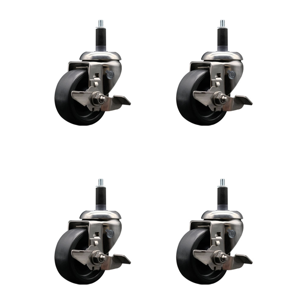 Polyolefin Swivel Stem Caster Wheels Set of 4 with 3 Inch Black Wheels - 1-1/8" Expanding Stems - 316 Stainless Steel Casters - Includes 4 Swivel Casters with Top Lock Brakes - Service Caster Brand — photo 1
