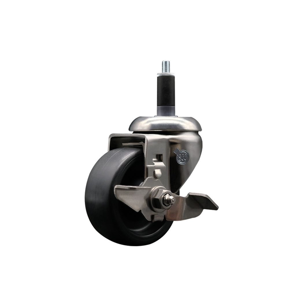 Polyolefin Swivel Stem Caster Wheel with 3 Inch Black Wheel and Top Lock Brake - 1-1/8" Expanding Stem - 316 Stainless Steel Caster - 300 lbs. Capacity Per Caster - Service Caster Brand — photo 1