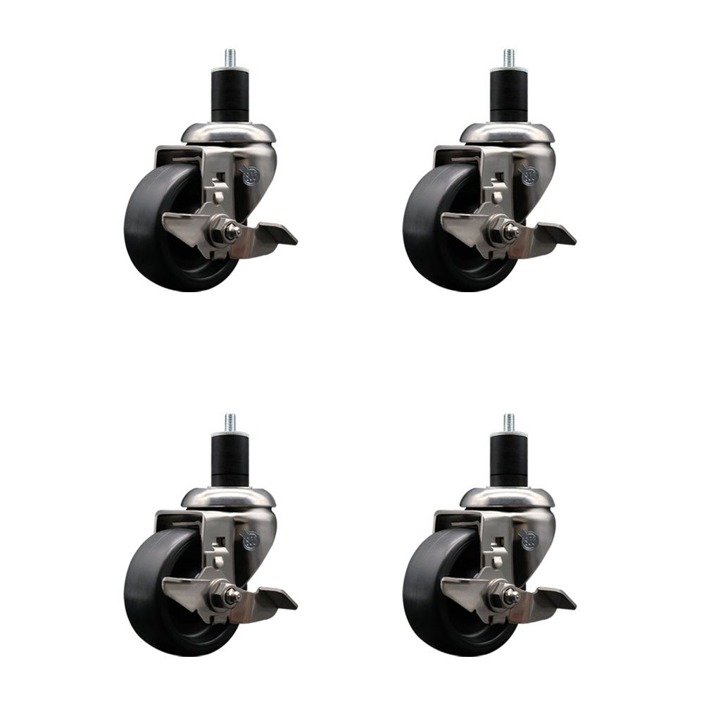 Polyolefin Swivel Stem Caster Wheels Set of 4 with 3 Inch Black Wheels - 1-3/4" Expanding Stems - 316 Stainless Steel Casters - Includes 4 Swivel Casters with Top Lock Brakes - Service Caster Brand — photo 1