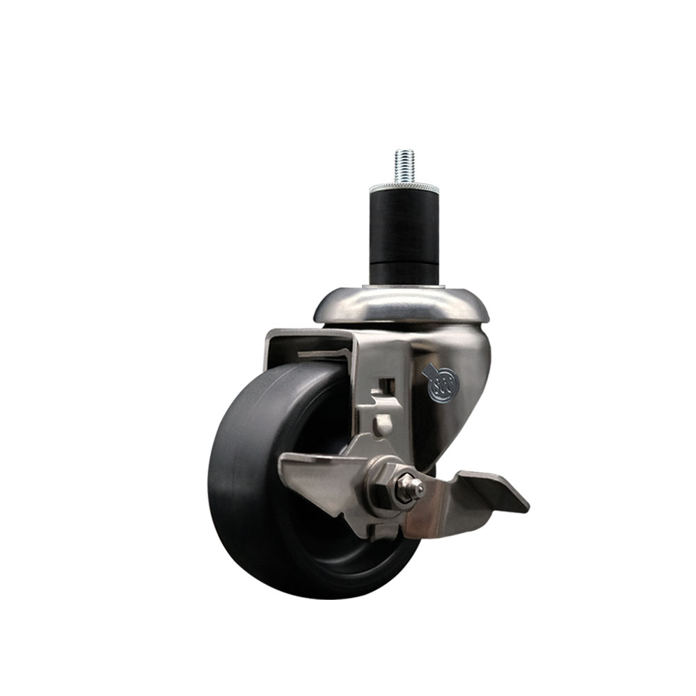 Polyolefin Swivel Stem Caster Wheel with 3 Inch Black Wheel and Top Lock Brake - 1-3/4" Expanding Stem - 316 Stainless Steel Caster - 300 lbs. Capacity Per Caster - Service Caster Brand — photo 1