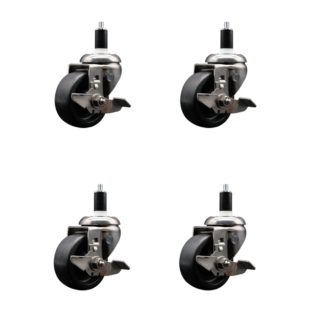 Polyolefin Swivel Stem Caster Wheels Set of 4 with 3 Inch Black Wheels - 1-3/8" Expanding Stems - 316 Stainless Steel Casters - Includes 4 Swivel Casters with Top Lock Brakes - Service Caster Brand — photo 1