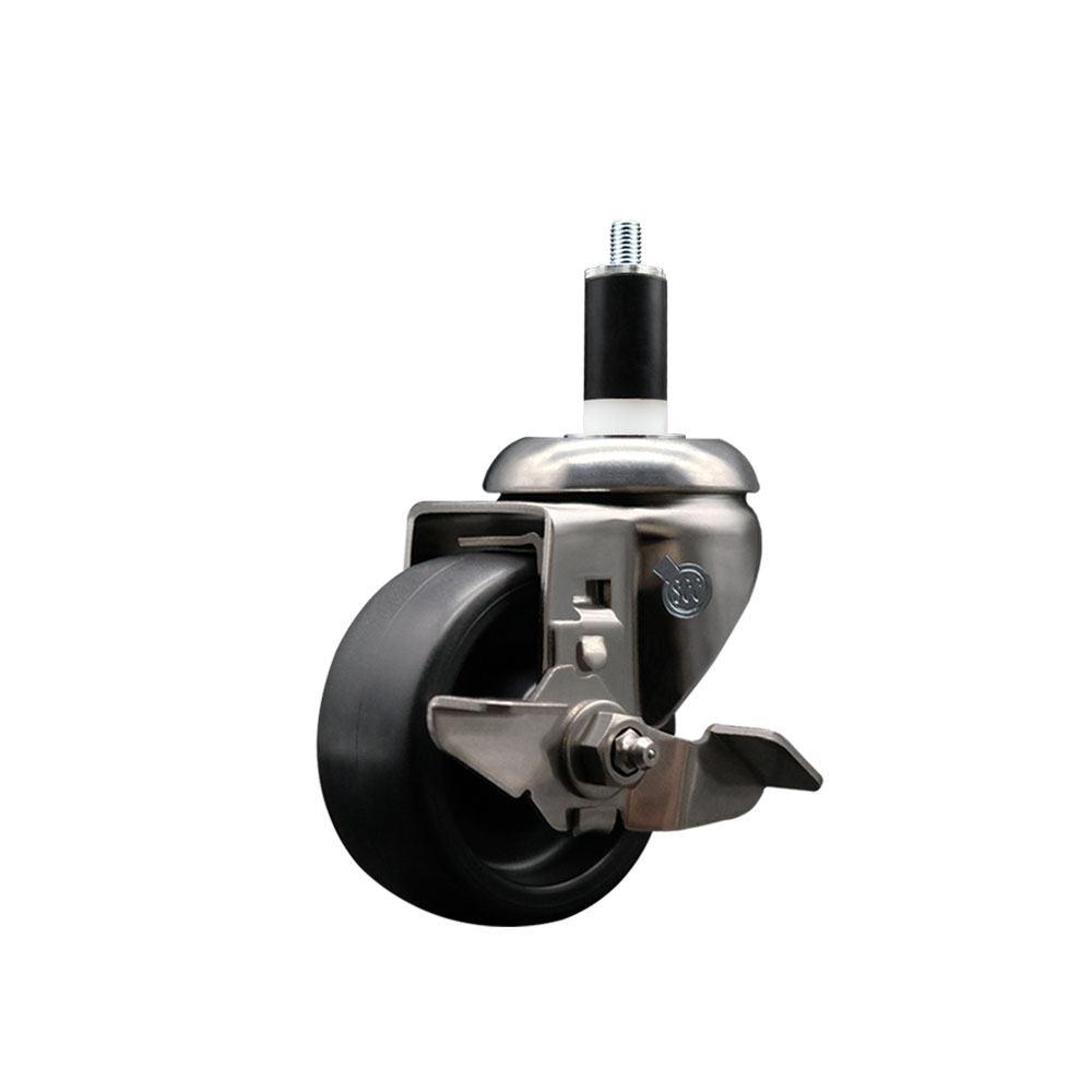 Polyolefin Swivel Stem Caster Wheel with 3 Inch Black Wheel and Top Lock Brake - 1-3/8" Expanding Stem - 316 Stainless Steel Caster - 300 lbs. Capacity Per Caster - Service Caster Brand — photo 1