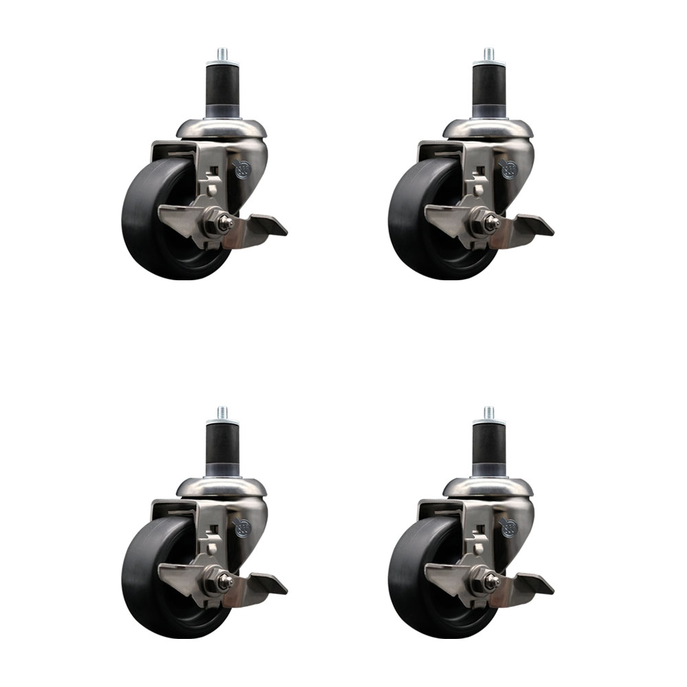 Polyolefin Swivel Stem Caster Wheels Set of 4 with 3 Inch Black Wheels - 1-5/8" Expanding Stems - 316 Stainless Steel Casters - Includes 4 Swivel Casters with Top Lock Brakes - Service Caster Brand — photo 1
