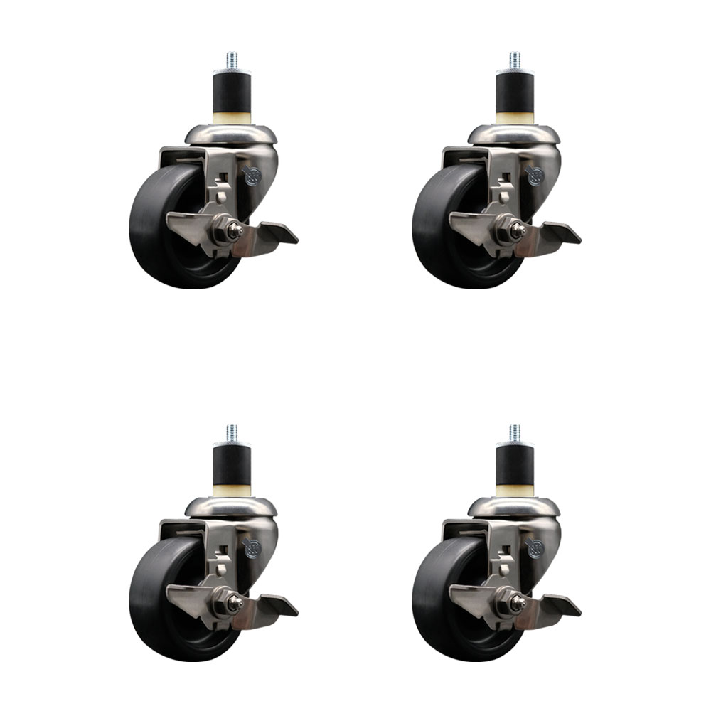 Polyolefin Swivel Stem Caster Wheels Set of 4 with 3 Inch Black Wheels - 1-7/8" Expanding Stems - 316 Stainless Steel Casters - Includes 4 Swivel Casters with Top Lock Brakes - Service Caster Brand — photo 1