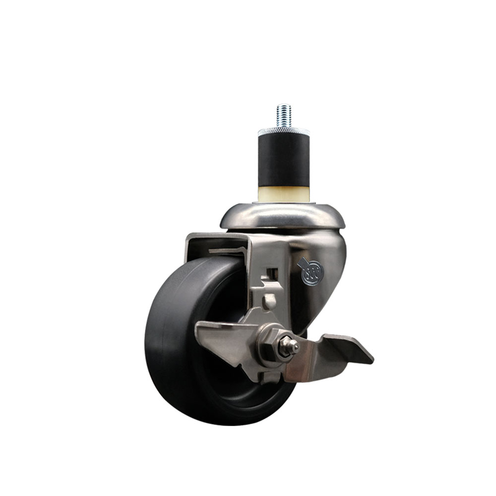 Polyolefin Swivel Stem Caster Wheel with 3 Inch Black Wheel and Top Lock Brake - 1-7/8" Expanding Stem - 316 Stainless Steel Caster - 300 lbs. Capacity Per Caster - Service Caster Brand — photo 1