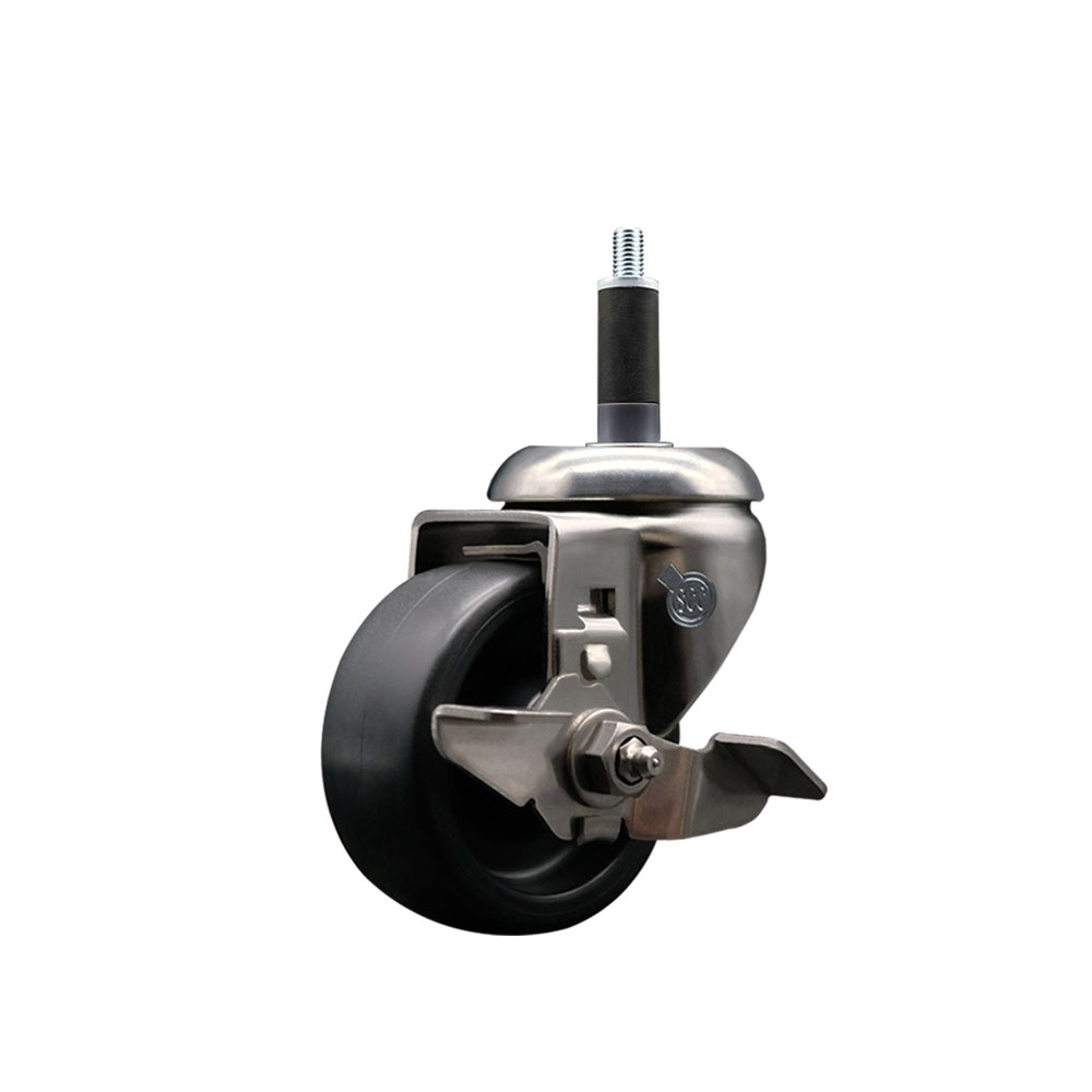 Polyolefin Swivel Stem Caster Wheel with 3 Inch Black Wheel and Top Lock Brake - 1" Expanding Stem - 316 Stainless Steel Caster - 300 lbs. Capacity Per Caster - Service Caster Brand — photo 1