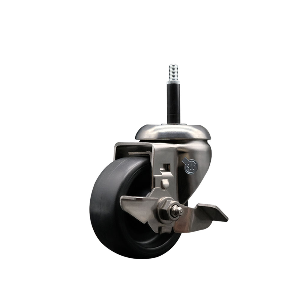 Polyolefin Swivel Stem Caster Wheel with 3 Inch Black Wheel and Top Lock Brake - 3/4" Expanding Stem - 316 Stainless Steel Caster - 300 lbs. Capacity Per Caster - Service Caster Brand — photo 1